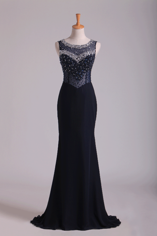 Scoop Open Back Beaded Bodice Floor Length Chiffon Prom Dresses Black