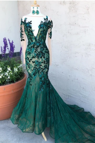 Dark Green See Through Prom Dresses With Sleeves Illusion Neck Party Dresses