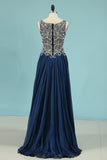 A Line Prom Dresses Scoop Chiffon With Beading Sweep Train