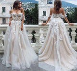 Princess A Line Off the Shoulder Sweetheart Beach Wedding Dresses with Appliques SJS15585