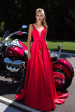 V Neck Satin Prom Dresses A Line With Applique And Sash