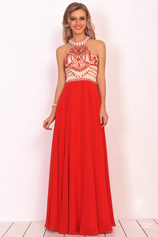 Chiffon Scoop Prom Dresses A Line With Beads&Rhinestones Chiffon Floor Length