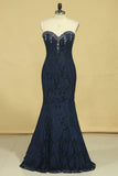 Mermaid Sweetheart Prom Dresses Lace With Beading And Applique Dark Navy Plus Size