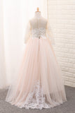 Scoop Flower Girl Dresses Ball Gown Long Sleeves Tulle With Aplique