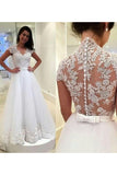 A Line V Neck Wedding Dresses Tulle With Applique And Sash Sweep Train