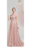 Scoop A Line Prom Dresses Tulle With Applique And Sash Open Back