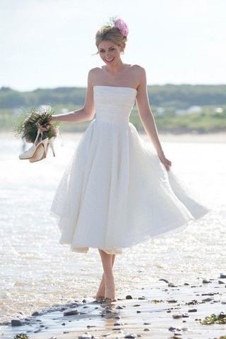 A-Line Ivory Short Sleeveless Pleated Tea-length Strapless Backless Wedding Dresses