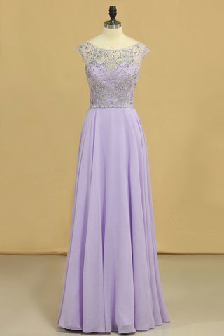 Prom Dresses A-Line Scoop Floor-Length Chiffon Beaded Bodice