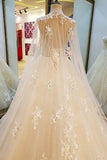 High Neck Wedding Dresses A Line With Beading Appliques Court Train Tulle Lace Up