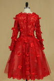 Long Sleeves Bateau Prom Dresses A Line With Applique Tulle Red