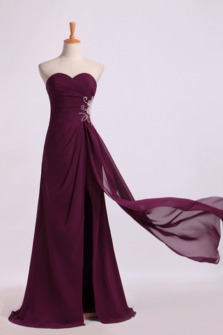 Prom Dresses A Line Ruffled Bodice Beaded With Slit Floor Length