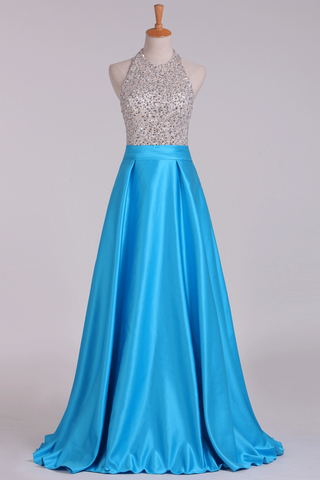 Open Back Halter Beaded Bodice Prom Dresses Satin Floor-Length