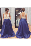 A Line V Neck Prom Dresses Satin With Beading Sweep Train Zipper Up