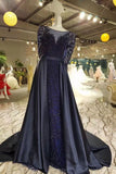 Dark Davy Prom Dresses Removable Train Scoop Tulle With Full Beading Long Sleeves