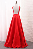 Deep V Neck Satin Evening Dresses A Line Open Back