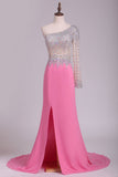 One Sleeve Prom Dresses Mermaid Chiffon With Slit And Rhinestones