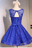 Blue Knee Length Homecoming Dresses with Beads Straps Short Prom Dresses JS803