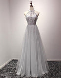 A-line Halter Sequins Tulle Floor Length Prom Dresses Evening Dresses JS553