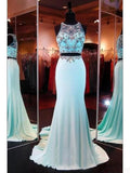 Two Pieces Beading Bodice Long Satin Prom Dresses Evening Dresses JS563