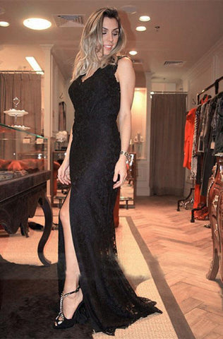 V-neck Black Lace Long Split Prom Dresses Evening Dresses JS501