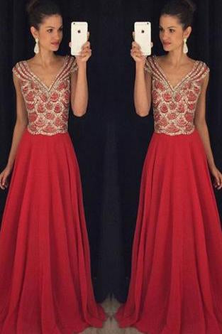 Red V-neck Beading Bodice Long Chiffon Prom Dresses Evening Dresses JS551