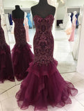 Strapless Sweetheart Long Tulle Mermaid Beads Prom Dresses, Maroon Formal Dresses SJS15433