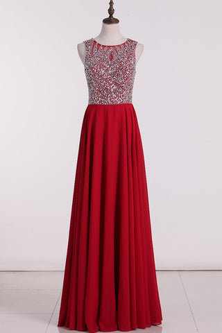 Prom Dresses A Line Open Back Scoop Beaded Bodice Chiffon