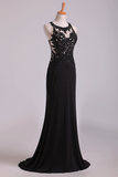 Popular Black Scoop Sheath/Column Prom Dresses With Beading And Applique