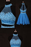 A Line/Princess Halter Homecoming Dresses Chiffon Beaded Bodice Two Pieces