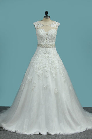 New Arrival A Line Sweetheart Tulle Wedding Dresses With Applique And Beads