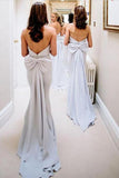 Simple Strapless Cheap Satin Bridesmaid Dress Backless Bowknot Prom Dress