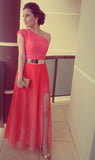 A Line Red One Shoulder Chiffon Lace Long Side Slit Gold Belt Prom Dresses JS68