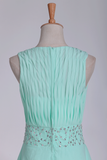 Mint Prom Dresses A-Line Bateau Chiffon With Beads And Ruffles Floor-Length