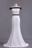 Bicolor Boat Neck Evening Dresses Mermaid Stretch Satin Sweep Train