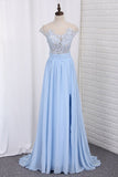 Scoop Prom Dresses A Line Chiffon With Applique Sweep Train