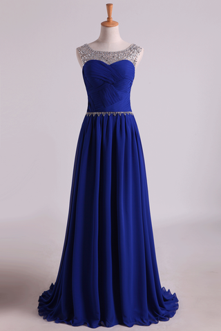 Scoop Prom Dresses A Line Pleated Bodice Chiffon With Beads Dark Royal Blue