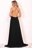 Scoop Prom Dresses A Line Open Back Chiffon With Beading