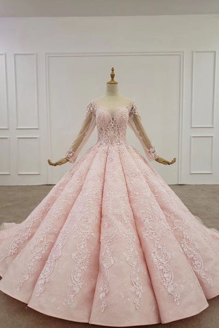 Elegant Ball Gown Pink Long Sleeves Appliques Prom Dresses, Quinceanera SJS20482