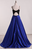 Satin Prom Dresses A Line Spaghetti Straps With Beads And Applique