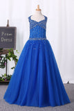 Halter Ball Gown Flower Girl Dresses Dark Royal Blue With Beading