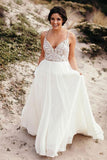 Elegant Spaghetti Straps V Neck Chiffon Backless Beach Wedding Dresses Bridal Gowns SJS14976