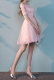 A Line Boat Neck Tulle With Applique Homecoming Dresses Short Sleeves