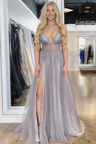 A Line Tulle V Neck Applqiues Prom Dresses With Slit, Spaghetti Straps Long Formal Dresses SJS15037