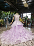 Ball Gown Lace Appliques Cap Sleeves Long Prom Dresses, Quinceanera SJS20480