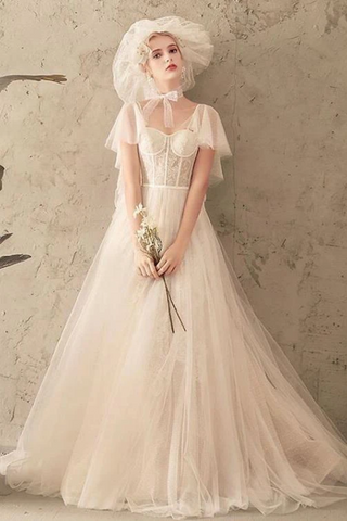 Unique Tulle Lace Long Wedding Dress Ivory Short Sleeves Lace Up Back Bridal SJSPK2YQ77B