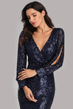 Long Split Sleeve Mermaid V Neck Dark Navy Blue Sequins Prom Dresses, Formal Dress SJS15256