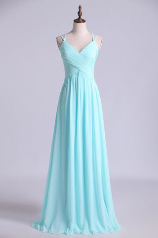 Prom Dress Spaghetti Straps Chiffon A Line Ruffled Bodice With Criss Crossed Back