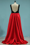 Bicolor V Neck Sheath Prom Dresses Satin Open Back