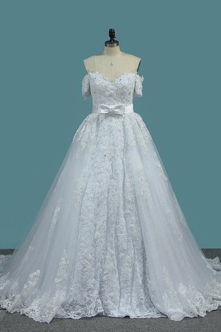 Sheath Tulle Off The Shoulder Wedding Dresses With Applique And Beads