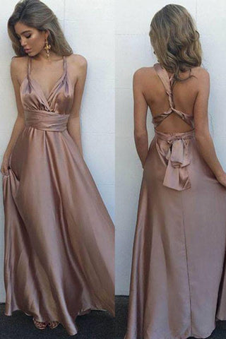 Sexy Blush V-Neck Sleeveless Floor Length with Pleats Crisscross Back Prom Dresses JS767